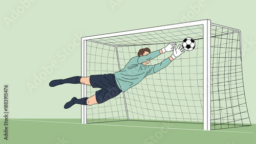 Professional soccer goalkeeper in a light green jersey makes a dramatic diving save to stop a ball from entering the goal.