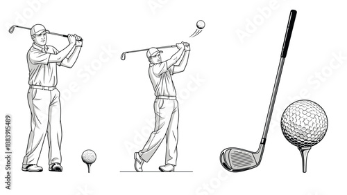 Set of golf themed illustrations features a male golfer in mid swing, a ball on a tee, and a close up of a golf club and ball.