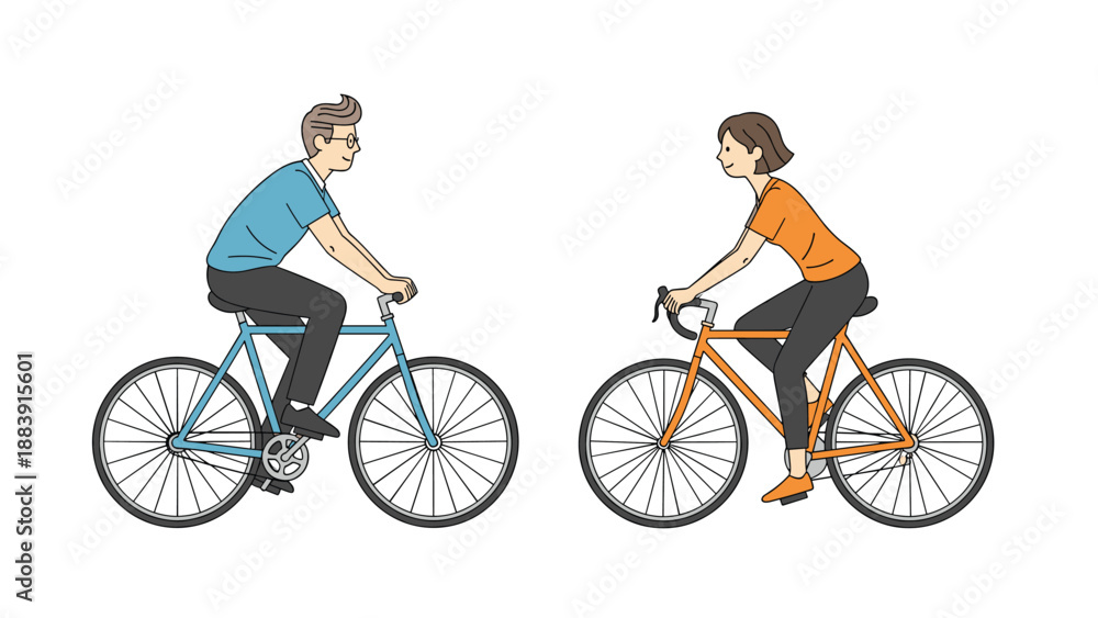 Obraz premium Simple flat illustration of a man and a woman riding their bicycles toward each other against a clean white background for lifestyle.