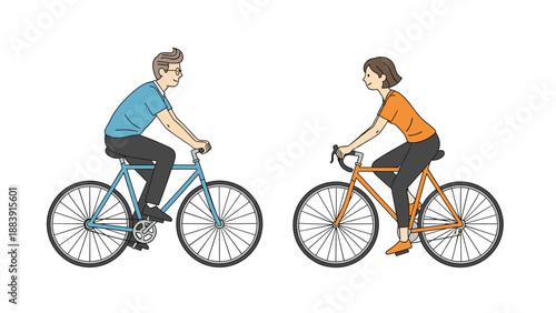 Simple flat illustration of a man and a woman riding their bicycles toward each other against a clean white background for lifestyle.