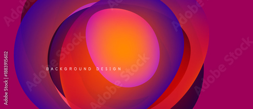 Abstract layers create vibrant circular design. Colors blend from purple, orange, red. Modern background for digital projects.