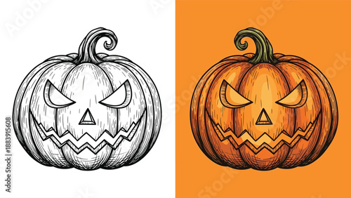 Two halloween jack o lantern pumpkins with scary faces presented in a detailed hand drawn sketch and a vibrant color version.