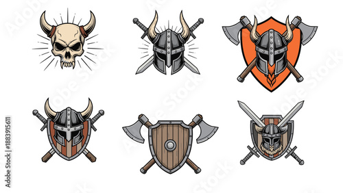 Selection of six viking themed emblems and logos featuring skulls, horned helmets, crossed swords, and axes on heraldic shields.