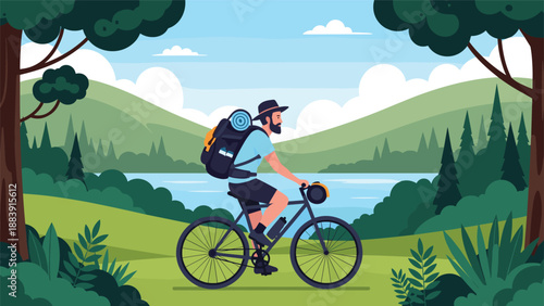 Man bikepacking through a lush green forest landscape with a calm lake and mountains in the background under a clear sky.