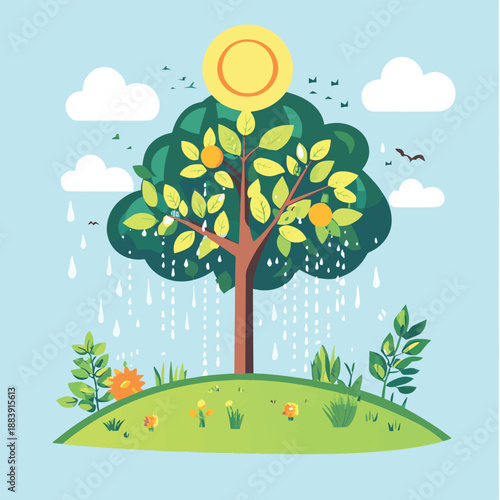 Photosynthesis process. Tree produce oxygen using rain and sun. Process of photosynthesis in plant. Colorful image for education in flat style , vector style simple color