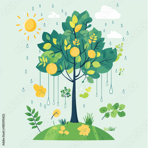 Photosynthesis process. Tree produce oxygen using rain and sun. Process of photosynthesis in plant. Colorful image for education in flat style , vector style simple color