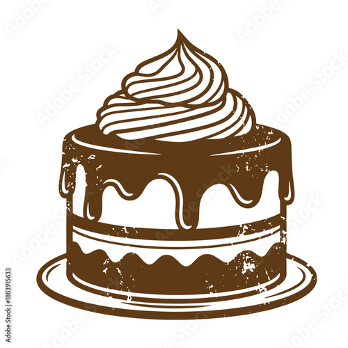 Drawing Vintage grunge  texture Brown chocolate cake with whipped cream on top isolated on white background