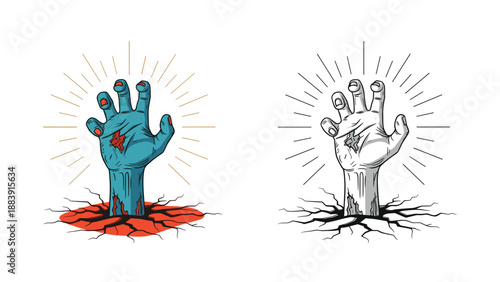 Pair of decaying zombie hands reaching up from the cracked ground in both a colorful and a black and white line art style.