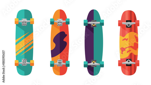 Top down view of four stylish skateboards with colorful and unique graphic patterns on their decks against a white background.