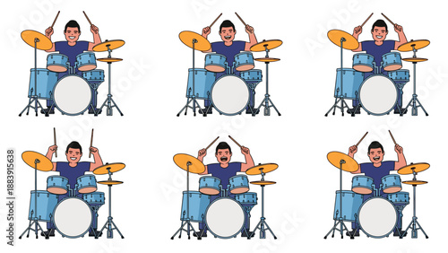 Sequence of six frames showing a cartoon drummer playing a blue drum set with various arm positions to demonstrate movement.