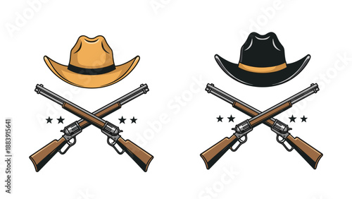 Two vintage western designs featuring crossed lever action rifles positioned under traditional cowboy hats in different colors.
