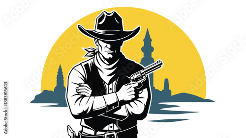 Silhouette of a cool cowboy holding a gun against a large yellow sun and a western town skyline for an old west aesthetic.