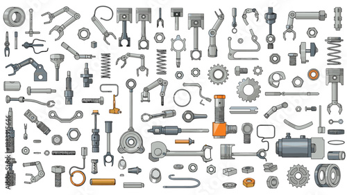 Large collection of mechanical engine parts and industrial components including pistons, gears, robotic arms, and various bolts.