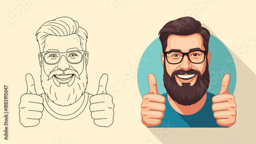 Smiling bearded man with glasses gives a double thumbs up in both line art and full color versions inside a circular frame.