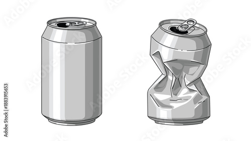 Comparison between a brand new silver aluminum beverage can and a completely crushed one for recycling and waste concepts.