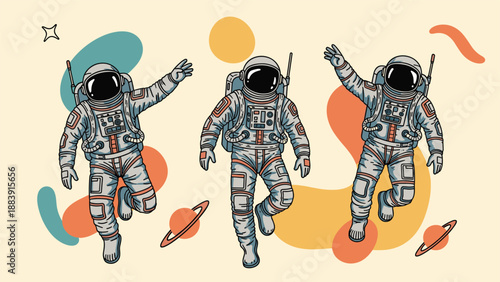 Three astronauts float joyfully in space surrounded by colorful abstract shapes and celestial bodies like stars and planets.