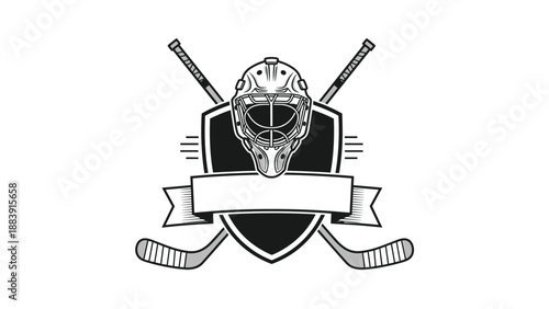 Professional hockey emblem features a goalie mask, crossed sticks, and a blank ribbon banner on a black and white shield.