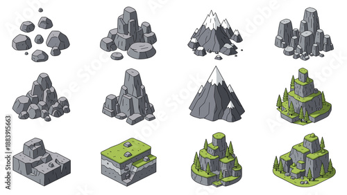 Isometric mountain set includes various rocky peaks, cliffs, snow capped mountains, and grassy hills for landscape or game maps.