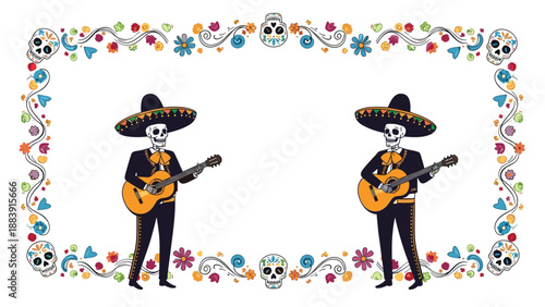 Ornate floral frame decorated with colorful flowers and skulls surrounds two skeleton musicians in traditional mariachi outfits.