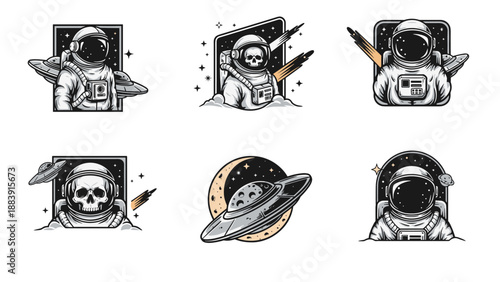 Set of space themed badges and labels includes astronaut portraits, skulls, UFOs, and rockets in a vintage monochromatic style.