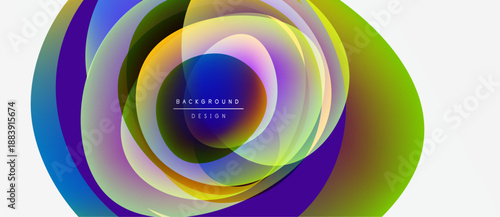 Abstract colorful circles overlap, creating dynamic visual effect. Gradient hues blend smoothly, forming modern background design.
