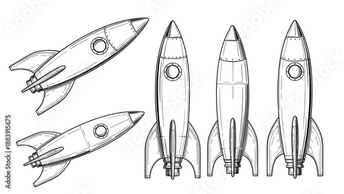 Collection of rocket ship drawings shows the spacecraft from multiple angles in a clean black and white technical line art style.