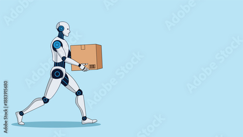 High tech robot carries a cardboard shipping box across a plain blue background, symbolizing automation in delivery and logistics.