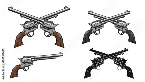 Assortment of classic western revolver pistols features crossed guns in various styles and colors alongside a single weapon.