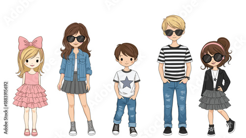 Group of five stylish children standing in a row showcases diverse modern fashion outfits including skirts, jeans, and sunglasses.