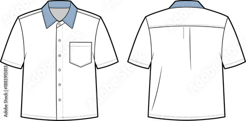 Men’s short sleeve button-up shirt flat sketch with contrast collar, front and back view fashion design template for clothing, apparel technical cad drawing flat vector illustration