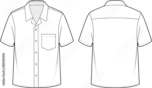 Men’s short sleeve casual button-up shirt front and back technical fashion drawing with pocket and detailed stitching line, professional clothing design cad drawing flat vector illustration