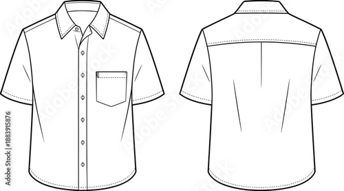 Men’s short sleeve shirt flat sketch front and back view, classic casual button-up shirt design template, fashion technical drawing for apparel design, cad drawing flat vector illustration
