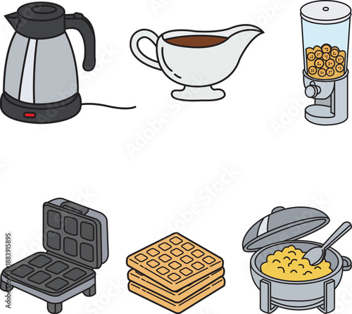 Coffee Maker, Gravy Boat, Grinder, Waffle Iron, Waffles, and Cooked Dish in a Cozy Kitchen Scene