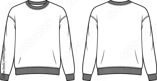 Minimalist CAD streetwear flat vector illustration of front and back sweatshirt template, blank fashion technical drawing for apparel design, clothing mockup, casual wear concept
