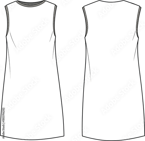 Minimal sleeveless shift dress flat sketch front and back view, simple fashion technical design template, casual apparel outline, CAD drawing flat vector illustration