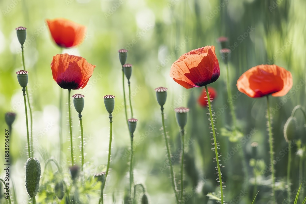 Obraz premium A field of poppy plants showcases vibrant red capsules and lush green stems, illuminated by soft sunlight, creating a tranquil and picturesque scene of nature's beauty