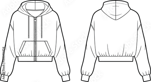 Modern cropped hoodie technical flat sketch, streetwear fashion CAD drawing, zip-up hooded sweatshirt design, front and back view illustration, vector template for apparel designers