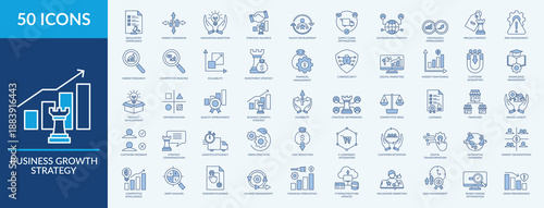 Business growth strategy - Icon Collection. Thin Line blue Set contains such Icons as risk management, continuous improvement, market research and more. Simple web icons set