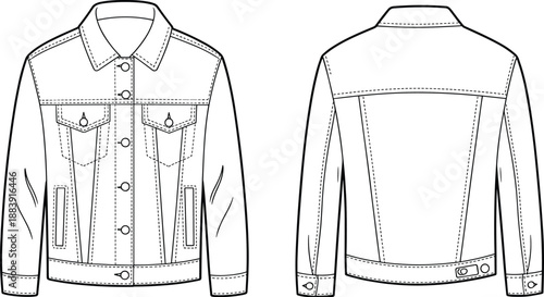 Modern denim jacket CAD flat sketch, front and back technical drawing for fashion design, detailed stitching, vector template, streetwear clothing illustration
