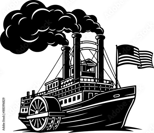 Vintage American Paddle Steamer Boat silhouette vector illustration