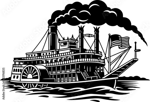 Vintage American Paddle Steamer Boat silhouette vector illustration