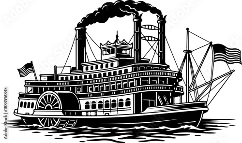 Vintage American Paddle Steamer Boat silhouette vector illustration