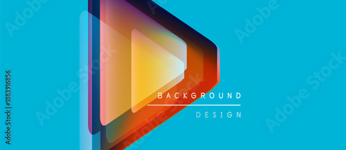 Abstract geometric shapes overlap, creating vibrant color gradients. Blue background complements orange, red, purple layers. Modern design element.