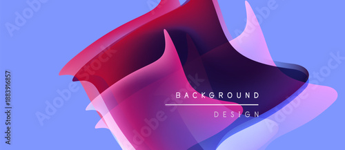 Abstract fluid shapes overlap, creating vibrant purple, pink hues. Background text reads background design. Modern, dynamic composition.