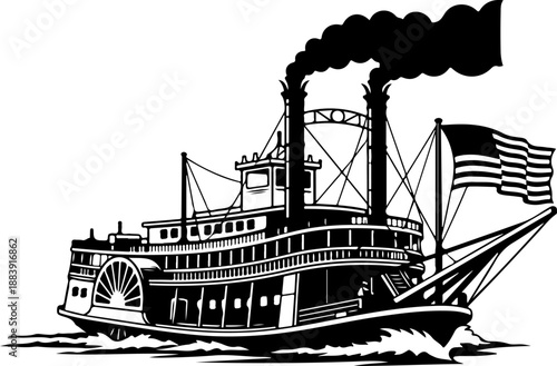 Vintage American Paddle Steamer Boat silhouette vector illustration