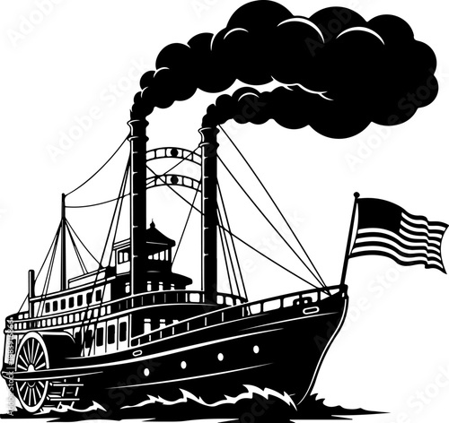 Vintage American Paddle Steamer Boat silhouette vector illustration