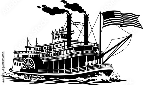 Vintage American Paddle Steamer Boat silhouette vector illustration