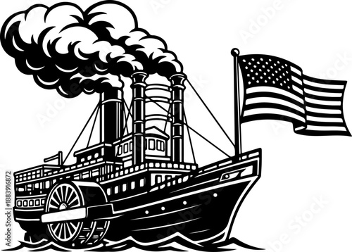 Vintage American Paddle Steamer Boat silhouette vector illustration