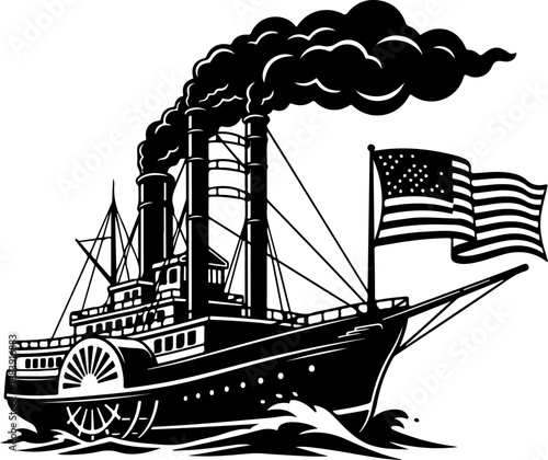 Vintage American Paddle Steamer Boat silhouette vector illustration