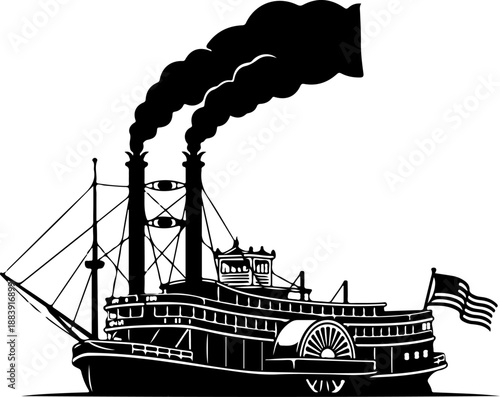 Vintage American Paddle Steamer Boat silhouette vector illustration
